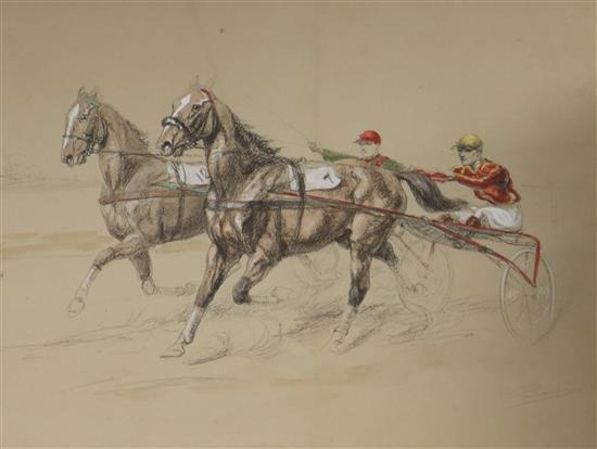 Continental School, pair of hand tinted lithographs, horse racing scenes, indstinctly signed, 44 x 54cm